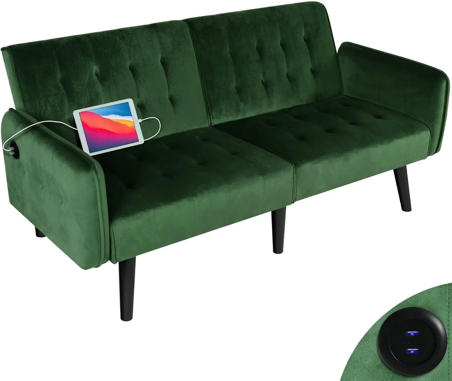 Convertible Futon Sofa Bed – Tufted Loveseat with USB & Adjustable Backrest - Serene Nest