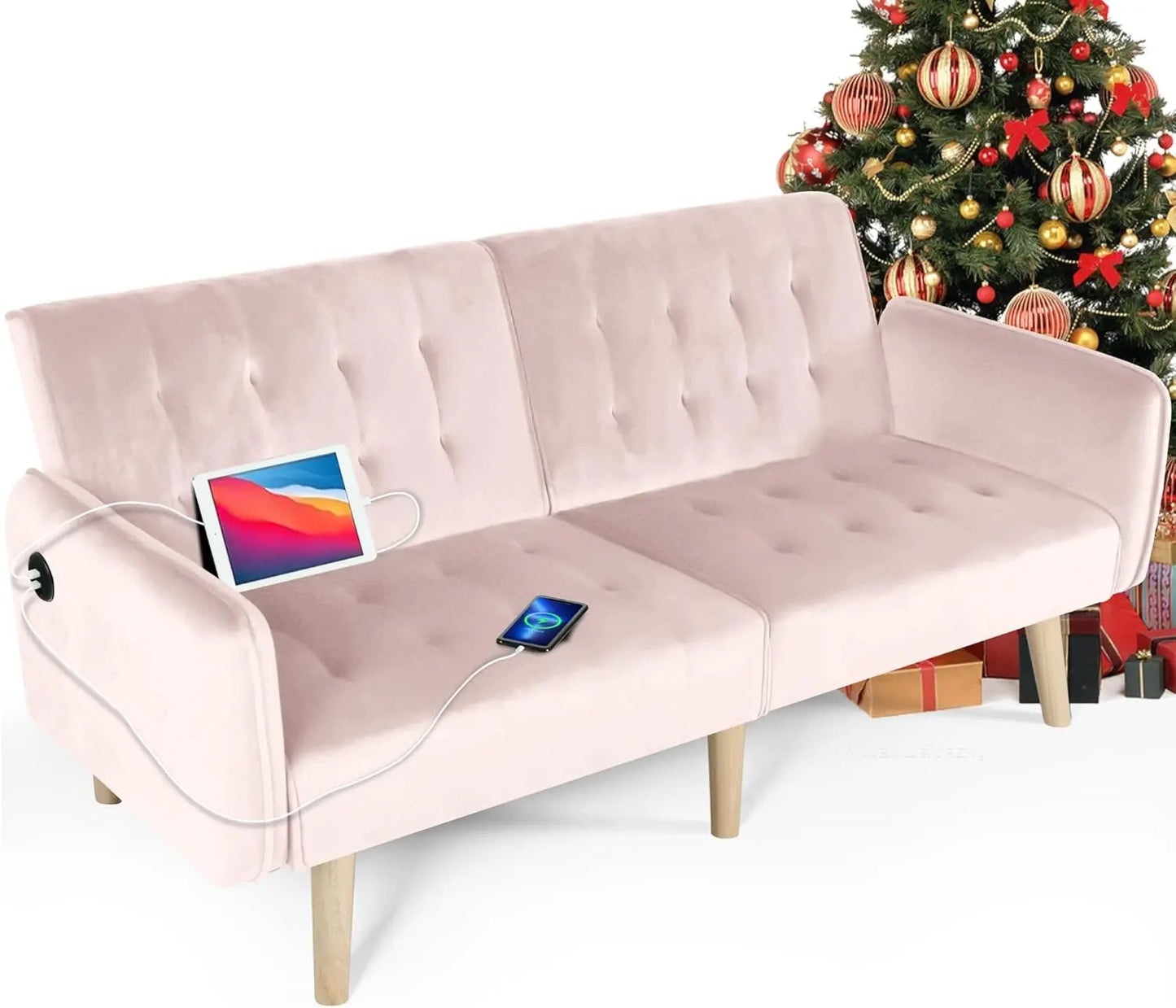 Convertible Futon Sofa Bed – Tufted Loveseat with USB & Adjustable Backrest - Serene Nest