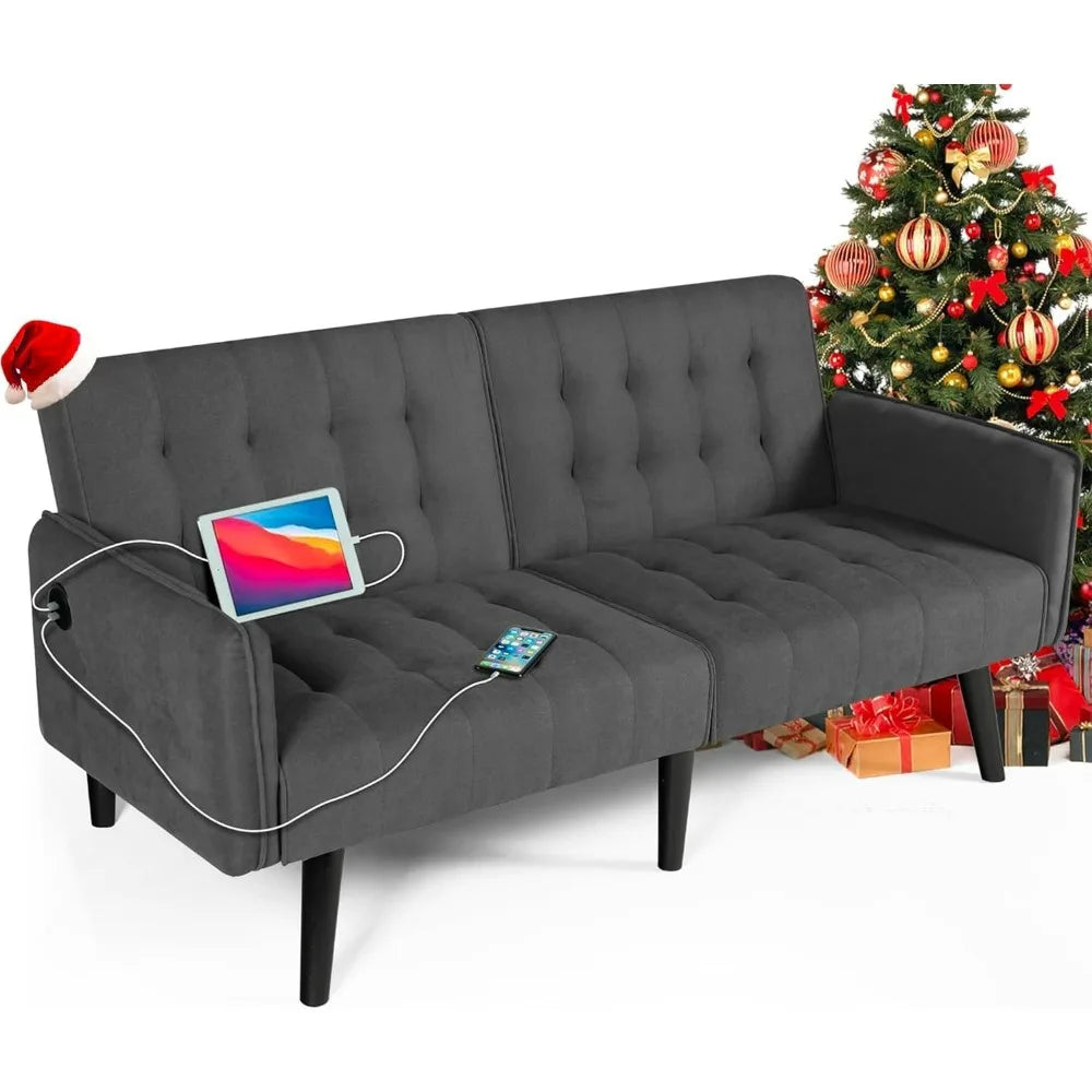 Convertible Futon Sofa Bed – Tufted Loveseat with USB & Adjustable Backrest - Serene Nest
