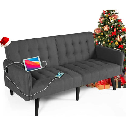 Convertible Futon Sofa Bed – Tufted Loveseat with USB & Adjustable Backrest - Serene Nest