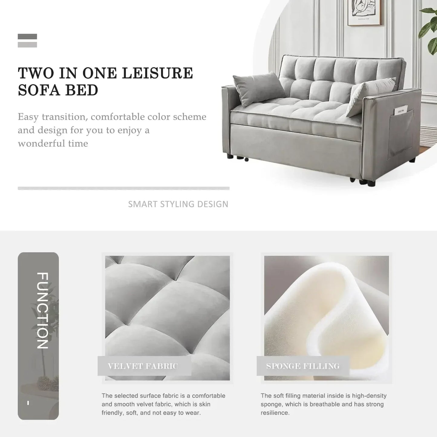3-in-1 Convertible Sleeper Sofa – Modern Pullout Couch Bed with Adjustable Backrest - Serene Nest