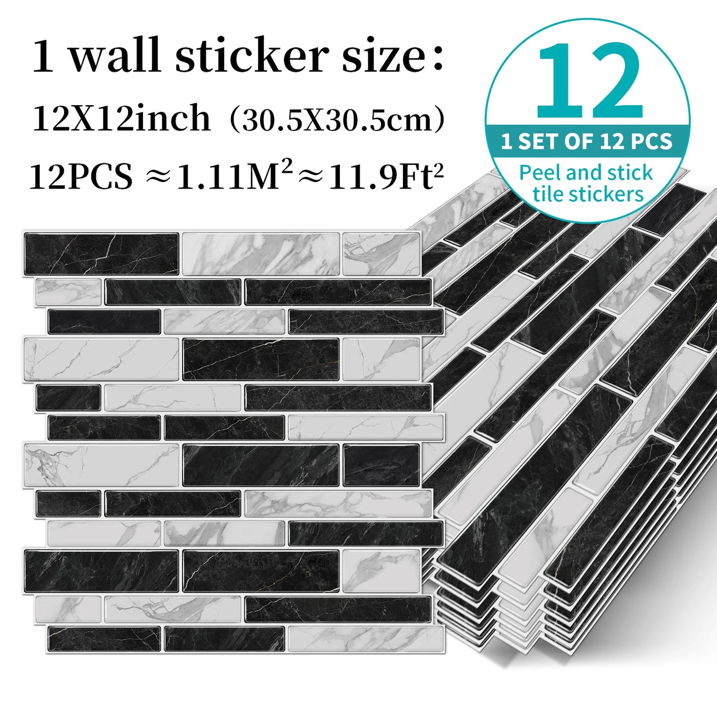 1/12PCS Classic Black and White Mosaic Splicing Wall Stickers Living Room Kitchen Waterproof Self Adhesive PVC Tile Stickers