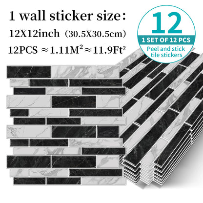 1/12PCS Classic Black and White Mosaic Splicing Wall Stickers Living Room Kitchen Waterproof Self Adhesive PVC Tile Stickers