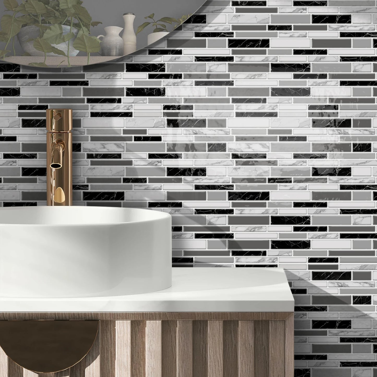 1/12PCS Classic Black and White Mosaic Splicing Wall Stickers Living Room Kitchen Waterproof Self Adhesive PVC Tile Stickers