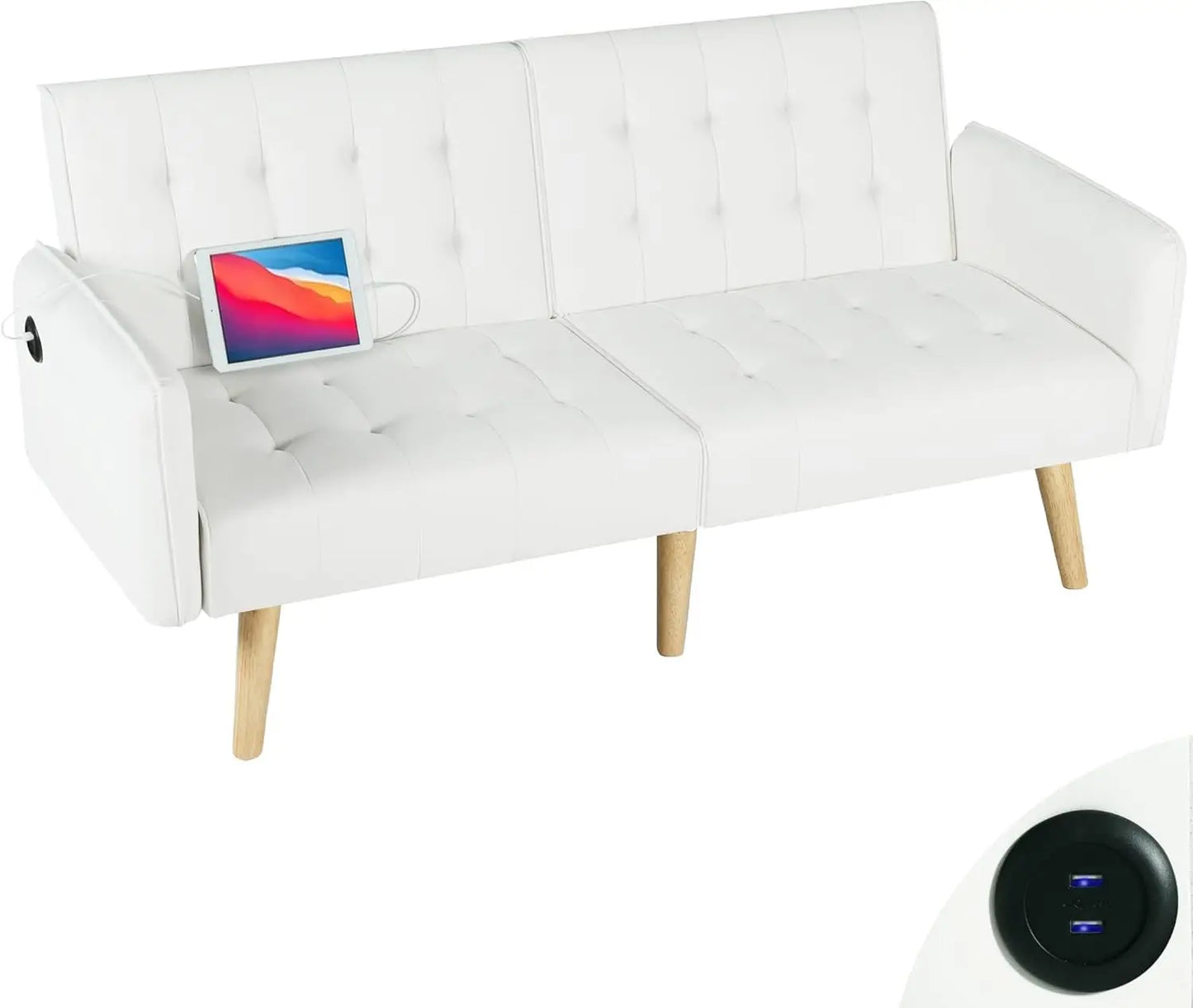 Convertible Futon Sofa Bed – Tufted Loveseat with USB & Adjustable Backrest - Serene Nest