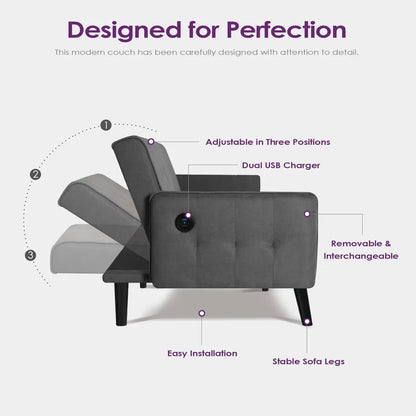Convertible Futon Sofa Bed – Tufted Loveseat with USB & Adjustable Backrest - Serene Nest