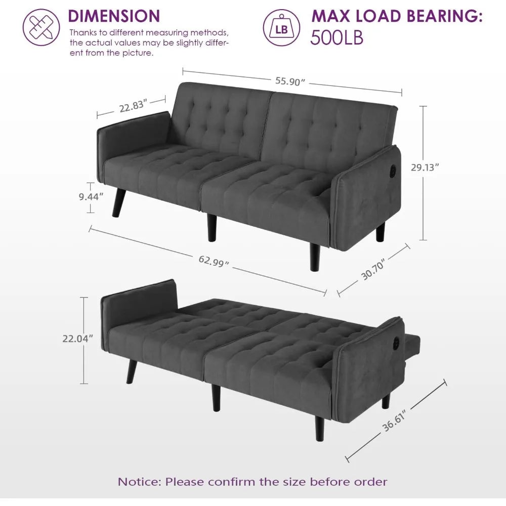 Convertible Futon Sofa Bed – Tufted Loveseat with USB & Adjustable Backrest - Serene Nest