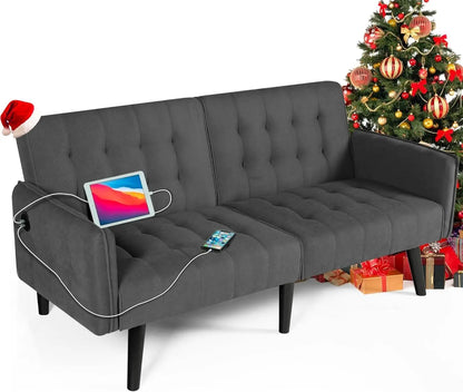 Convertible Futon Sofa Bed – Tufted Loveseat with USB & Adjustable Backrest - Serene Nest