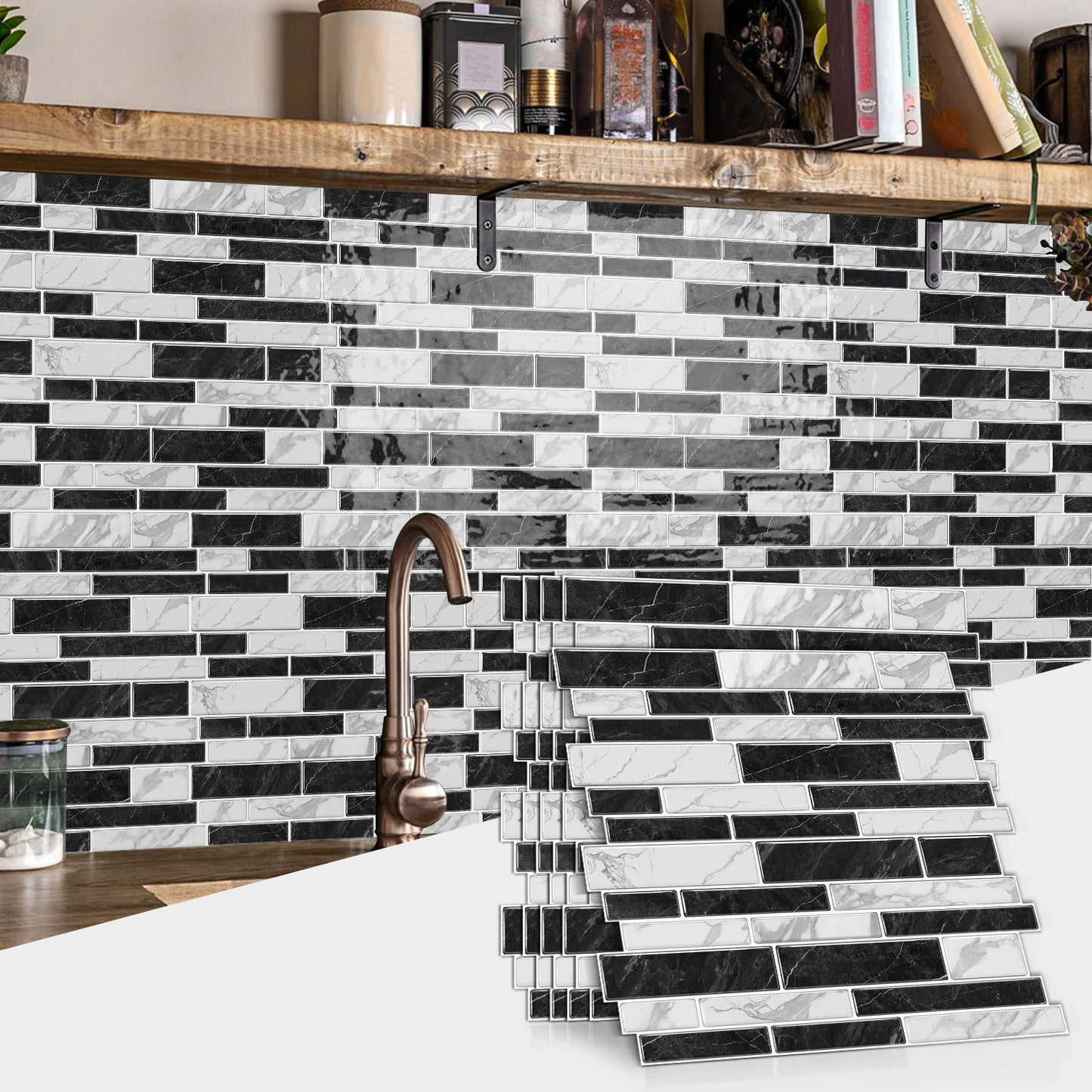 1/12PCS Classic Black and White Mosaic Splicing Wall Stickers Living Room Kitchen Waterproof Self Adhesive PVC Tile Stickers
