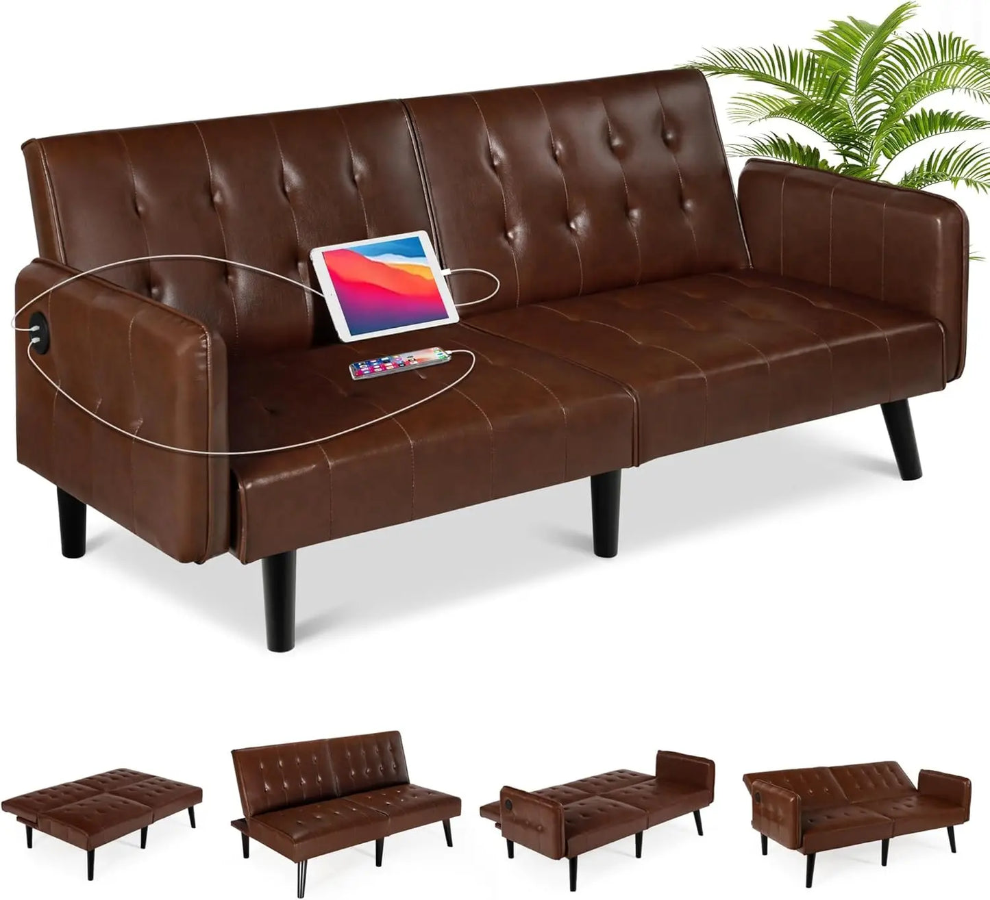 Convertible Futon Sofa Bed – Tufted Loveseat with USB & Adjustable Backrest - Serene Nest