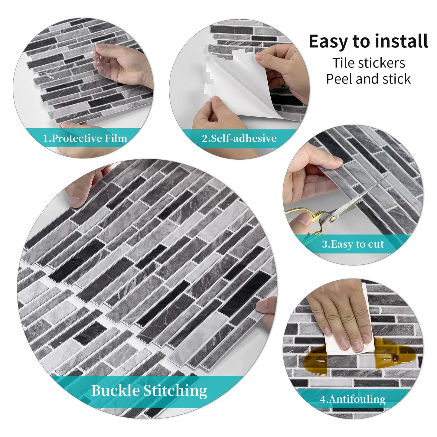1/12PCS Classic Black and White Mosaic Splicing Wall Stickers Living Room Kitchen Waterproof Self Adhesive PVC Tile Stickers